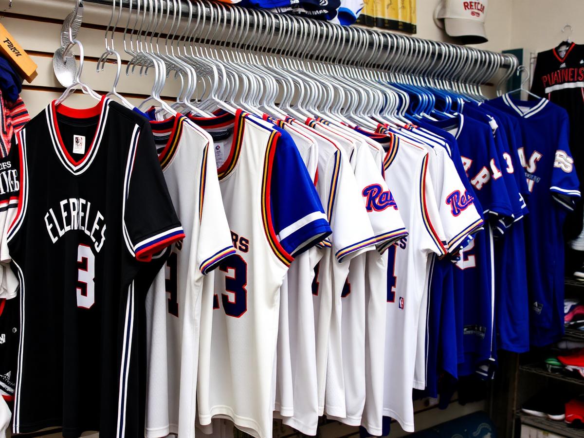 Rack of team jerseys in the store